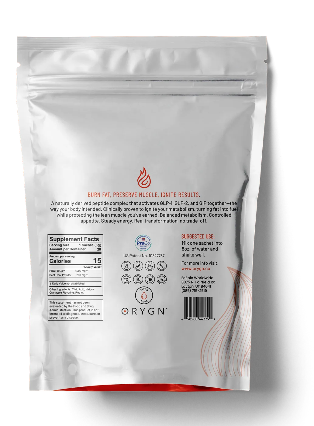 Back of the ORYGN IGNYT pouch showing Supplement Facts and suggested use